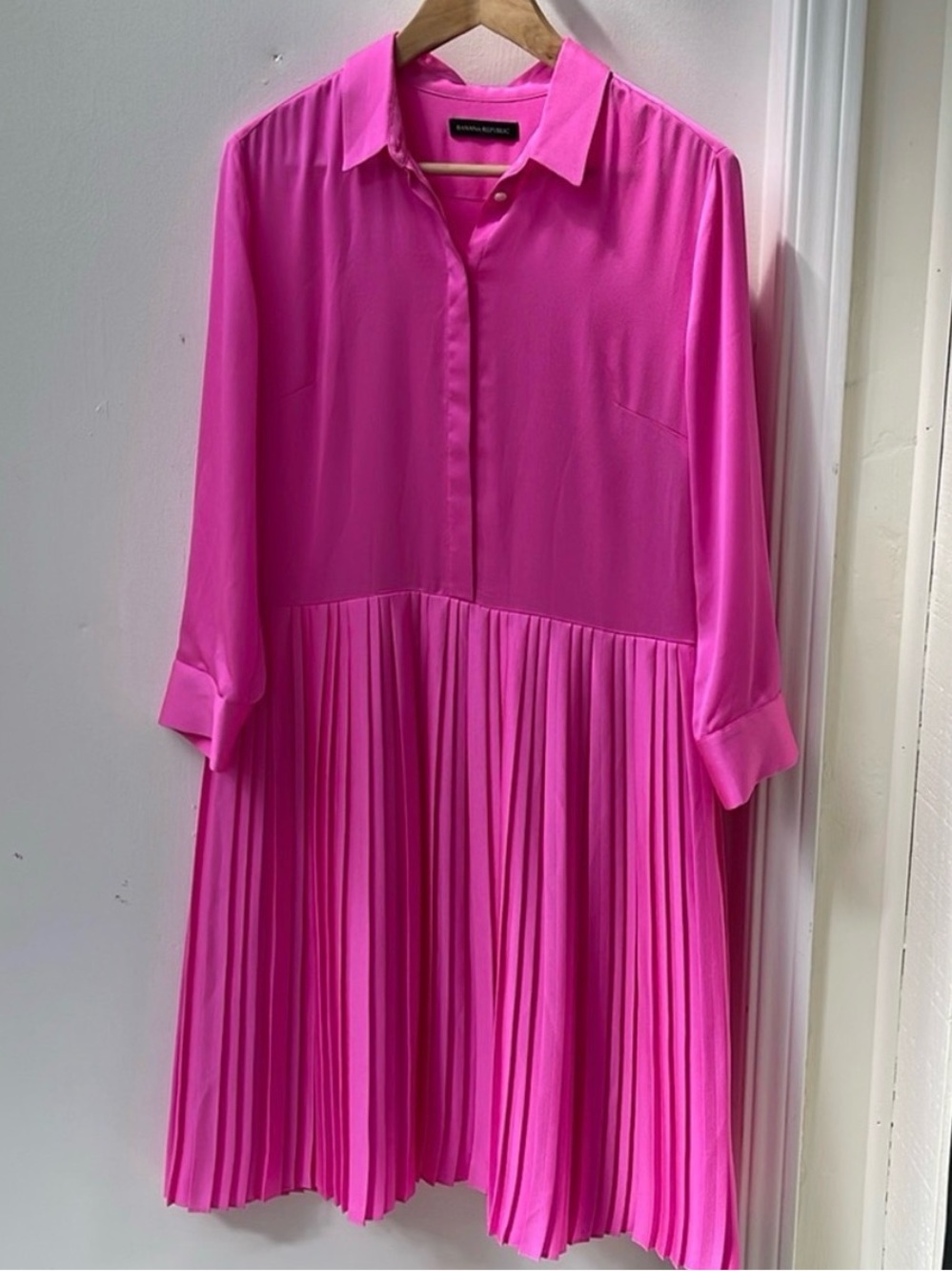 Banana Republic Hot Pink Pleated Midi Shirt Dress